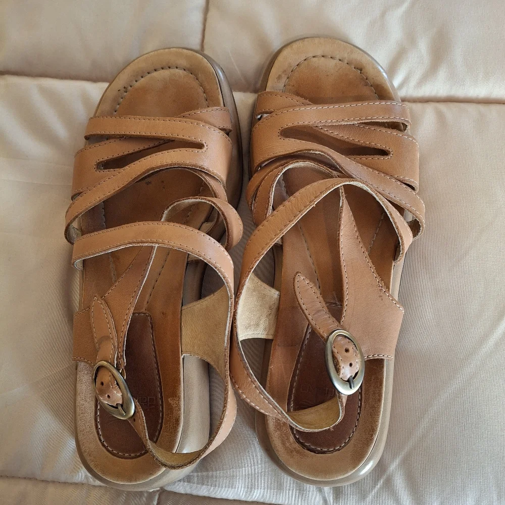 Dansko Tan Leather Platform Sandals with Strappy Upper and Buckle - Picture 2 of 5